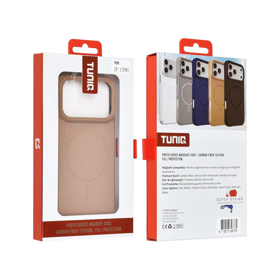 TUNIQ iPhone 17 Pro takakuori – MagSafe – hiilikuitu – iskunkestävä – kulta