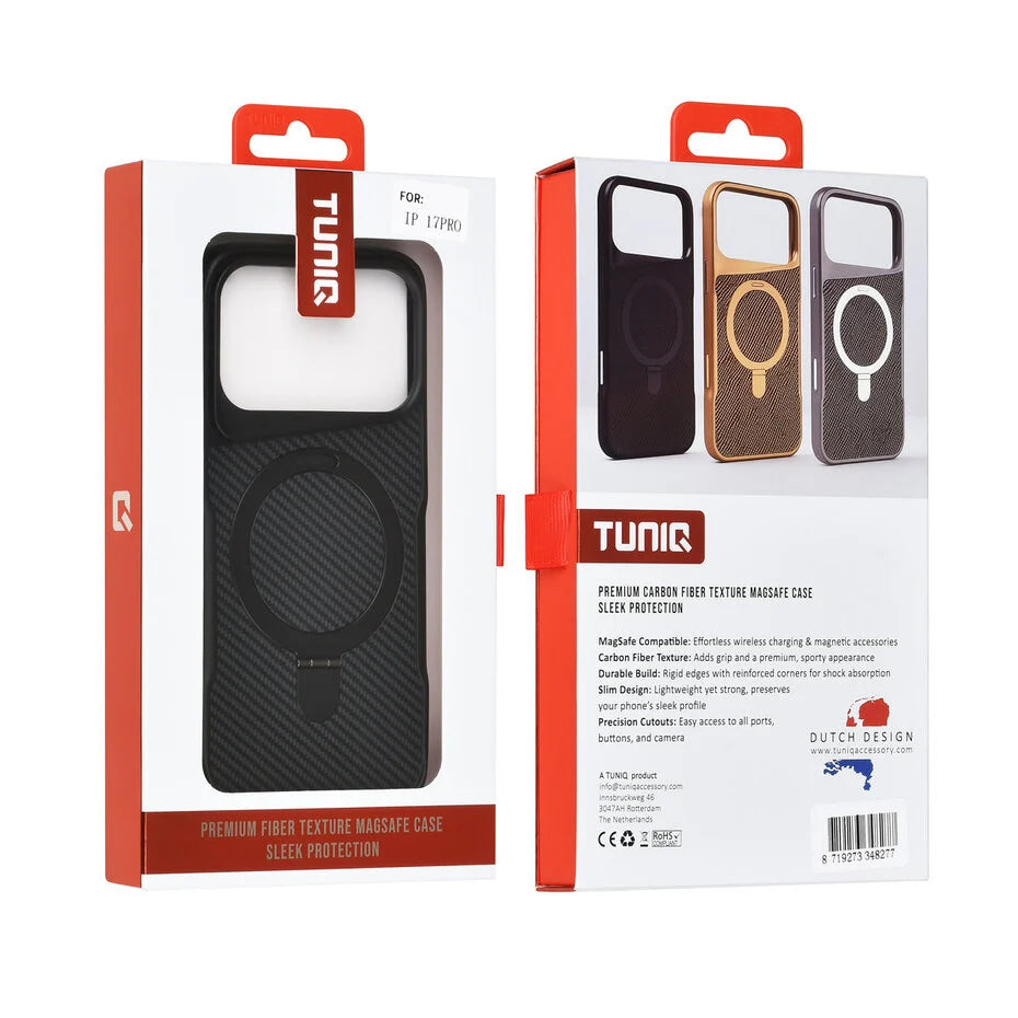 TUNIQ iPhone 17 Pro takakuori – MagSafe-rengasjalustalla – Hiilikuitu – Musta