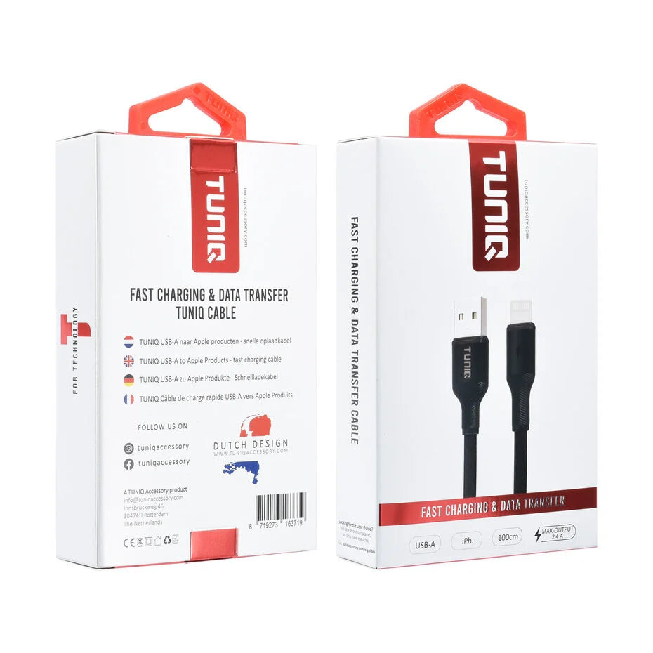 TUNIQ Lightning USB-kaapeli 100cm Pikalataus Tiedonsiirto – Musta