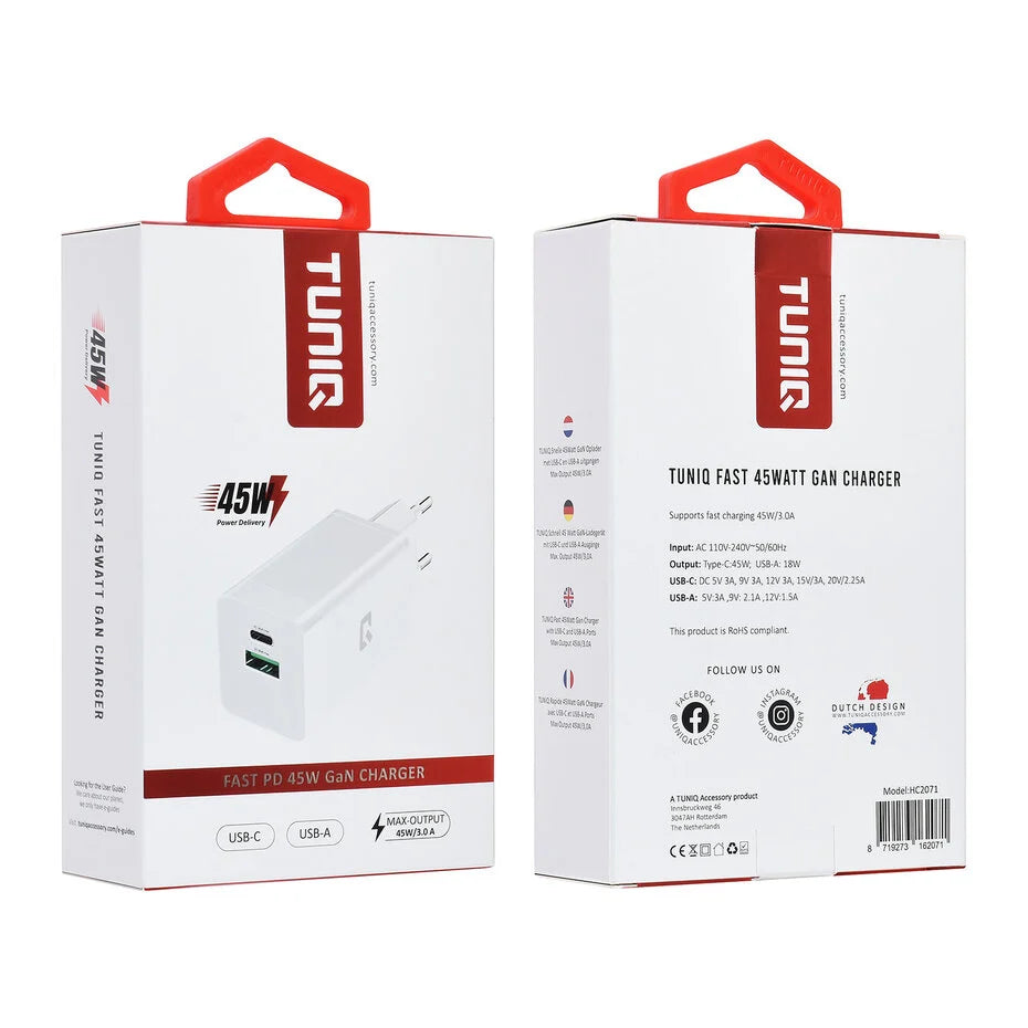 TUNIQ PD 45W GaN Adapter - TUNIQ 3.0A Fast Charger - White