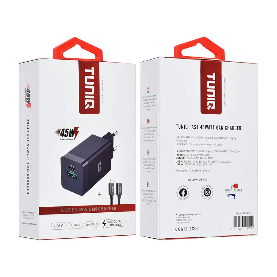 TUNIQ PD 45W GaN Home Charger - Dual Port with USB-C to USB-C Cable - Black