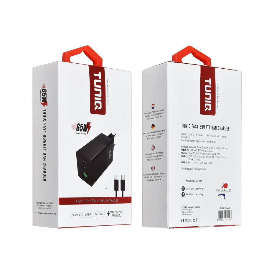TUNIQ PD 65W - Home Charger with USB-C to USB-C Cable - Black