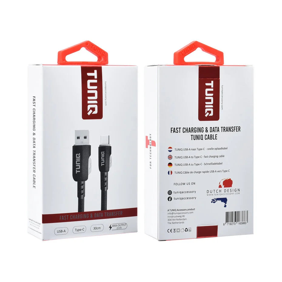 TUNIQ USB-A–USB-C-kaapeli 30 cm – Pikalatausjohto – Musta