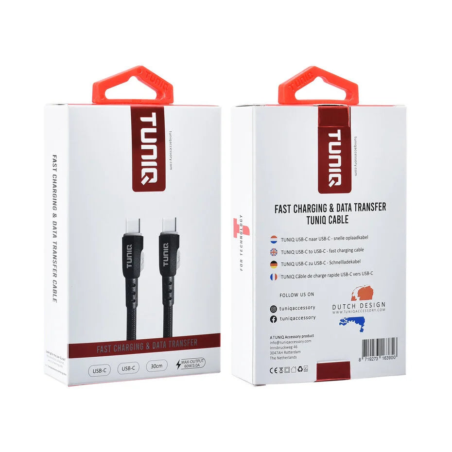 TUNIQ USB-C – USB-C -kaapeli 30cm – Pikalatauskaapeli – Musta