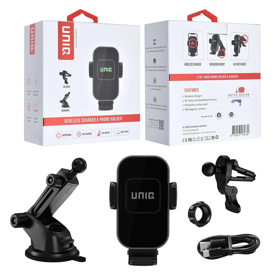 UNIQ Accessory 2 in 1 Car Phone Holder and Wireless Charger - Air Vent & Dashboard - Black