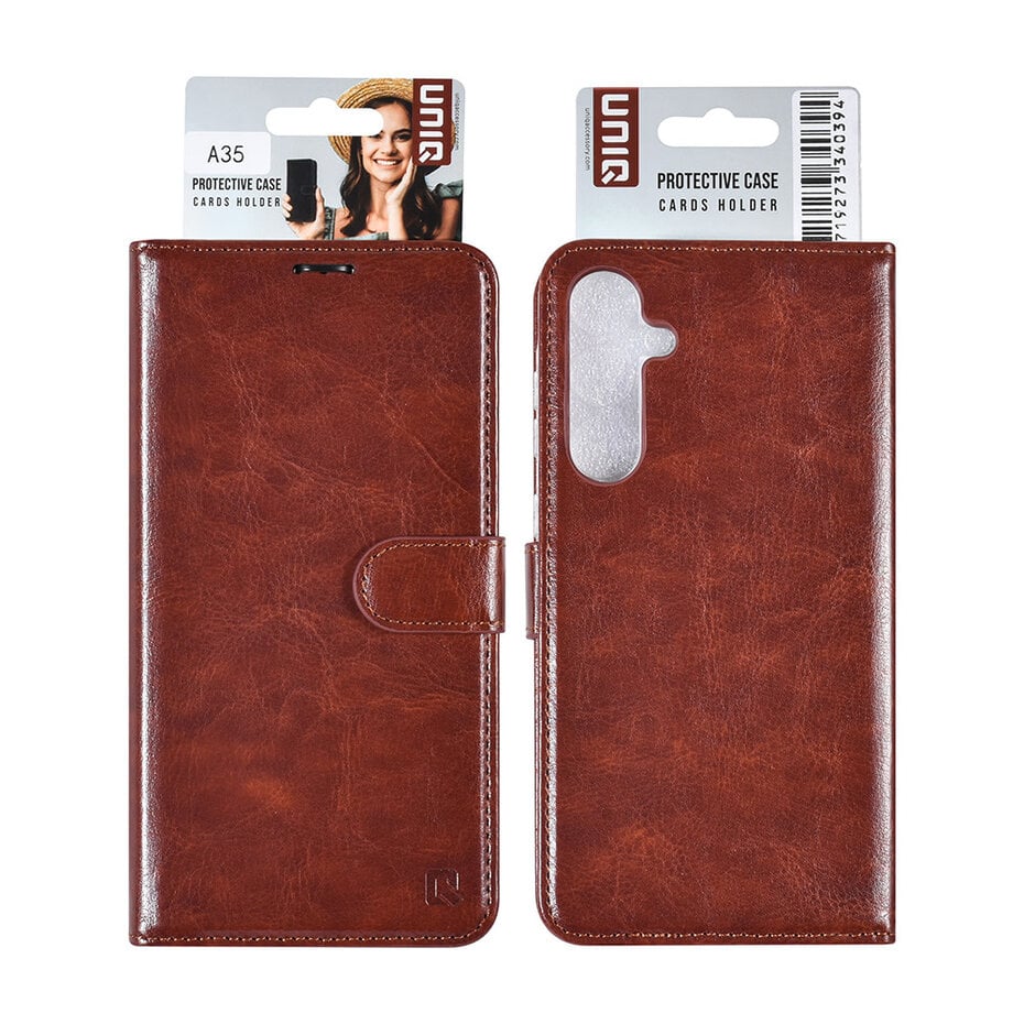 UNIQ Accessory Galaxy A35 Kirjatyyppinen suojakotelo - Korttipidike - Ruskea