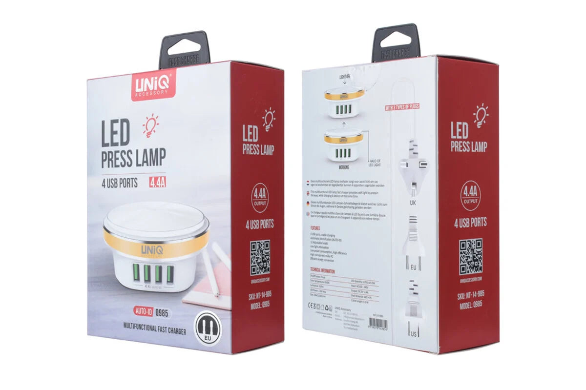 UNIQ-lisävaruste, jossa Led-painikelamppu, 4 USB-porttia, 4,4 A, pikalataus – valkoinen