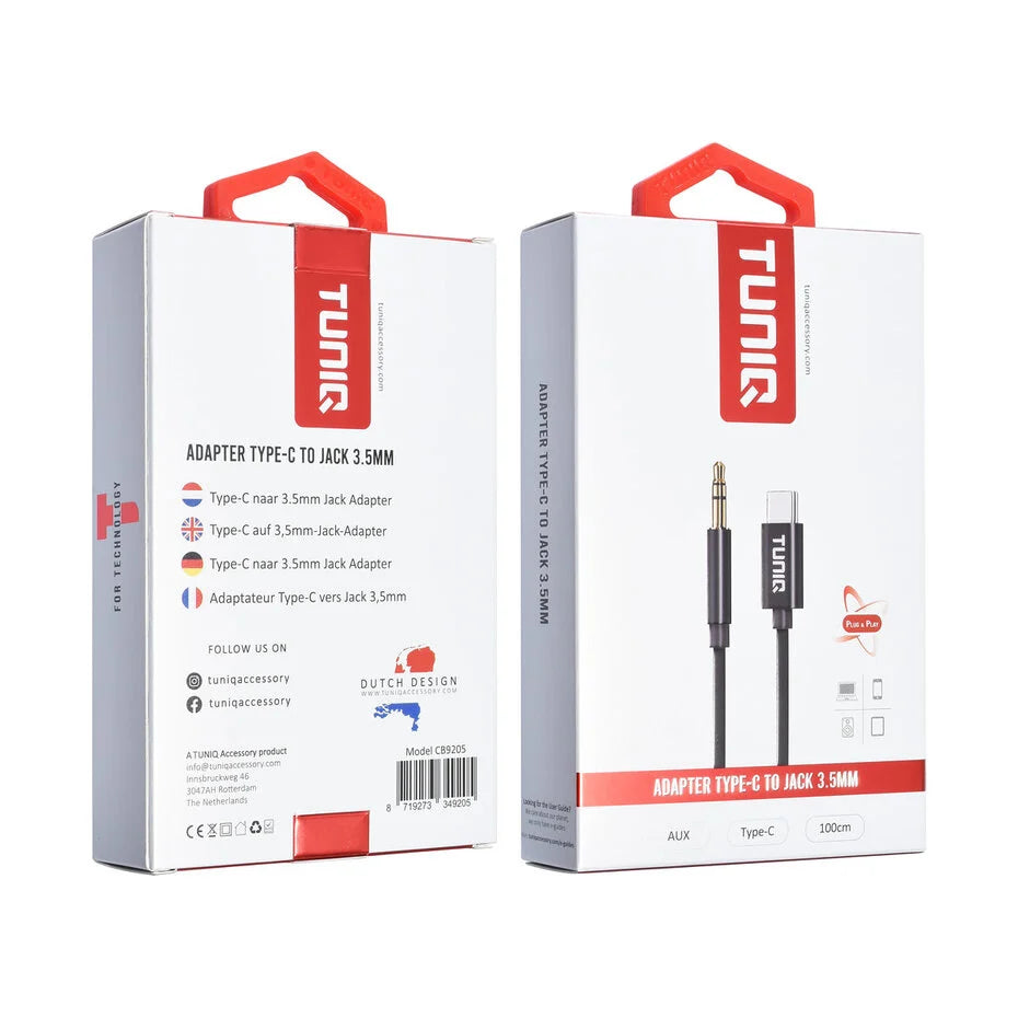 TUNIQ 3.5 Jack–USB-C-sovitin – 100cm – Musta