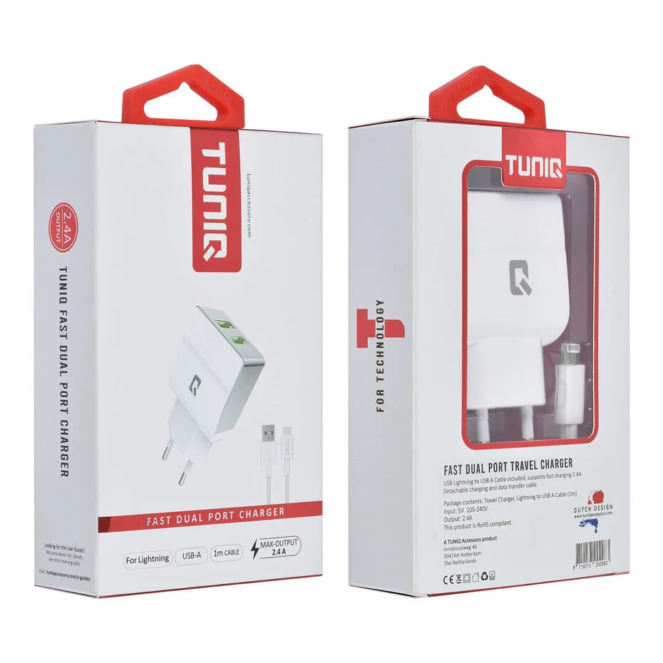 TUNIQ Dual Port 2.4A travel charger - Apple Lightning - White (CE)