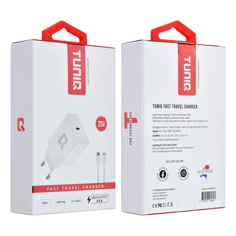 TUNIQ Fast Charger PD 25W - with Lightning to Type-C Cable - White