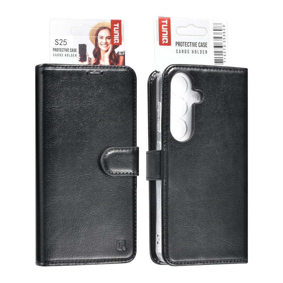 TUNIQ Galaxy S25 Book type case - Card holder for 3 cards - Magnetic closure - Black