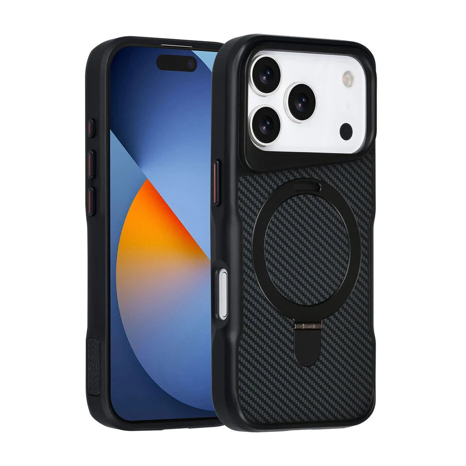 TUNIQ iPhone 17 Pro takakuori – MagSafe-rengasjalustalla – Hiilikuitu – Musta