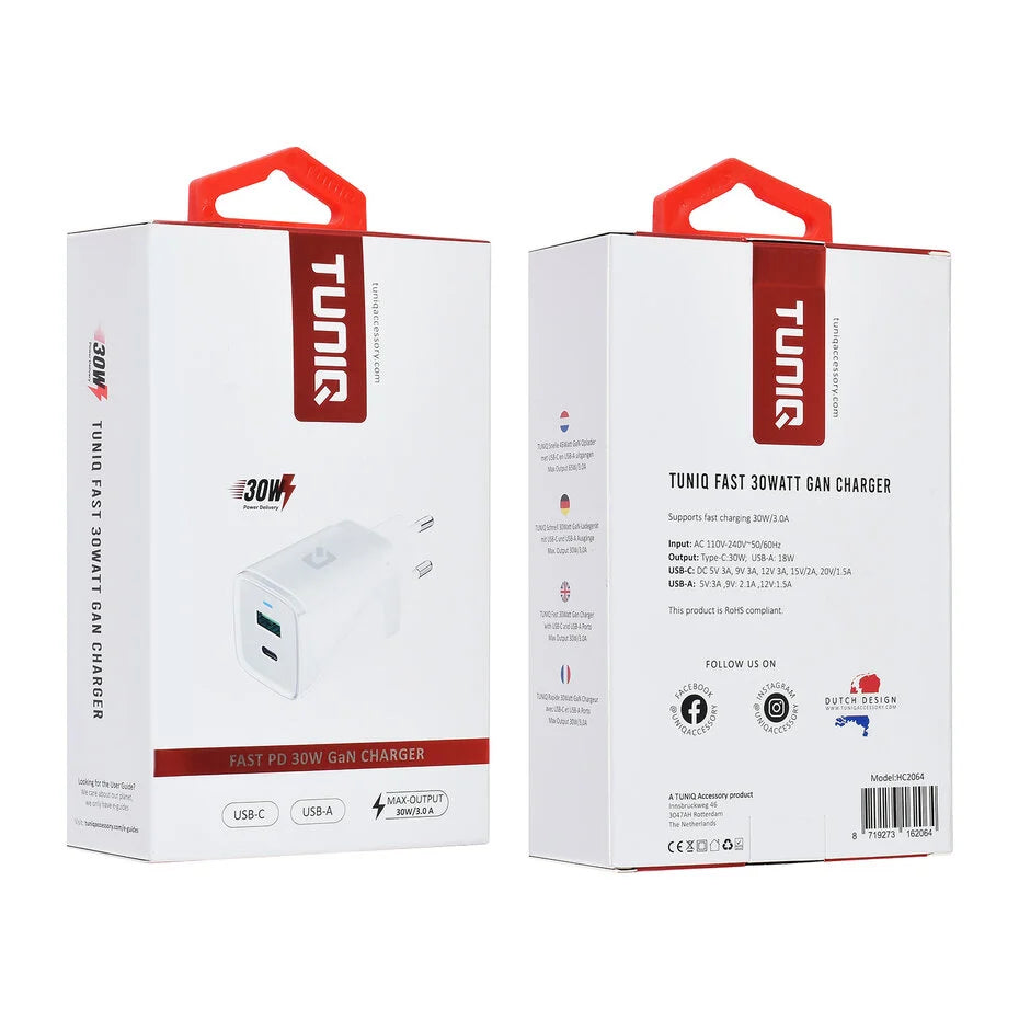 TUNIQ PD 30W GaN Adapter - Dual Port - White