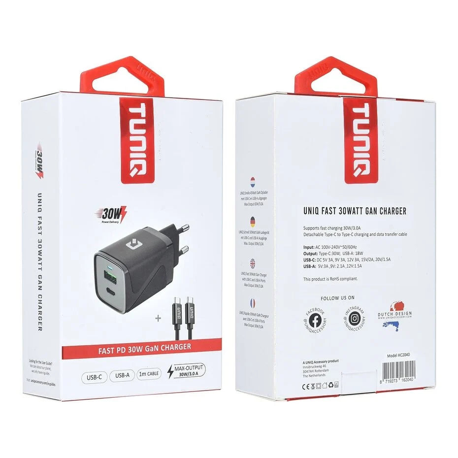 TUNIQ PD 30W GaN Home Charger - Dual Port with USB-C Cable - Black