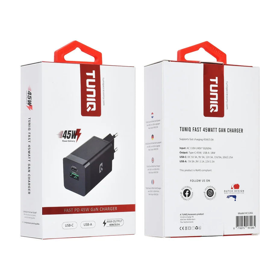 TUNIQ PD 45W GaN-adapteri – TUNIQ 3.0A pikalaturi – musta