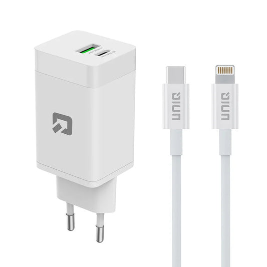 TUNIQ PD 45W GaN Home Charger - Dual Port with USB-C to iPhone Cable - White