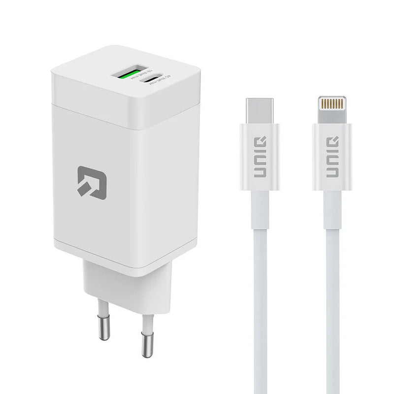 TUNIQ PD 45W GaN-kotilaturi – kaksoisportti USB-C–iPhone-kaapelilla – valkoinen