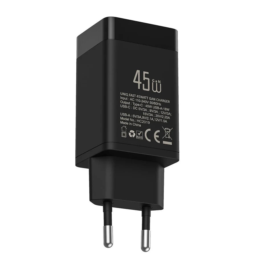 TUNIQ PD 45W GaN-kotilaturi – kaksoisportti USB-C–USB-C-kaapelilla – musta
