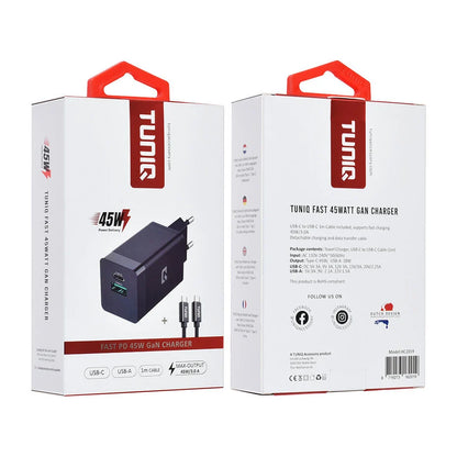 TUNIQ PD 45W GaN-kotilaturi – kaksoisportti USB-C–USB-C-kaapelilla – musta
