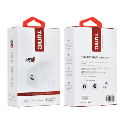 TUNIQ PD 45W GaN-kotilaturi – kaksoisportti USB-C–iPhone-kaapelilla – valkoinen