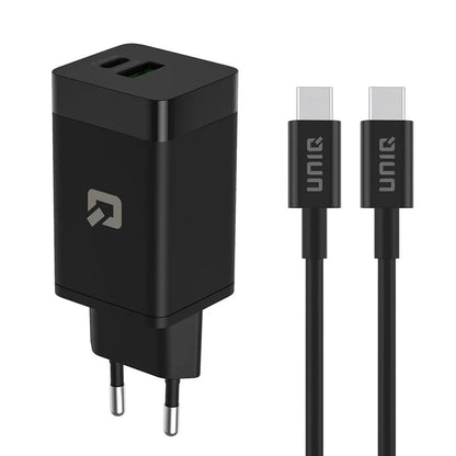 TUNIQ PD 45W GaN-kotilaturi – kaksoisportti USB-C–USB-C-kaapelilla – musta