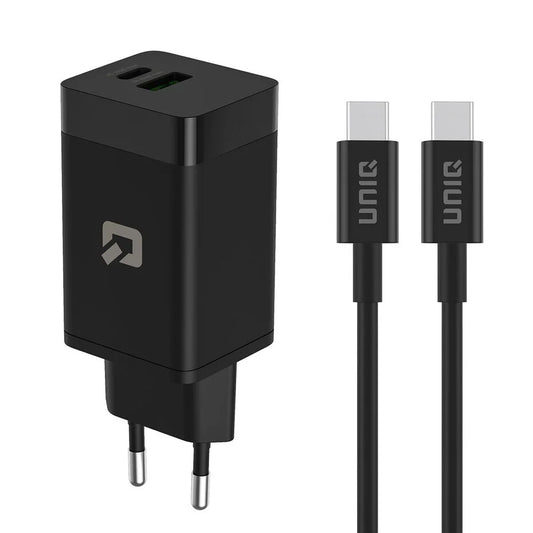 TUNIQ PD 45W GaN Home Charger - Dual Port with USB-C to USB-C Cable - Black