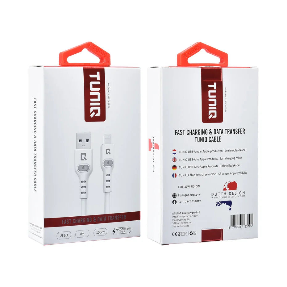 TUNIQ USB-A – Lightning -kaapeli 100cm – Pikalatauskaapeli – Valkoinen