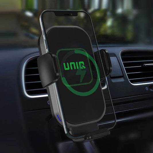UNIQ Accessory 2 in 1 autoteline puhelimelle ja langaton laturi – tuuletusaukkoon ja kojelautaan – musta
