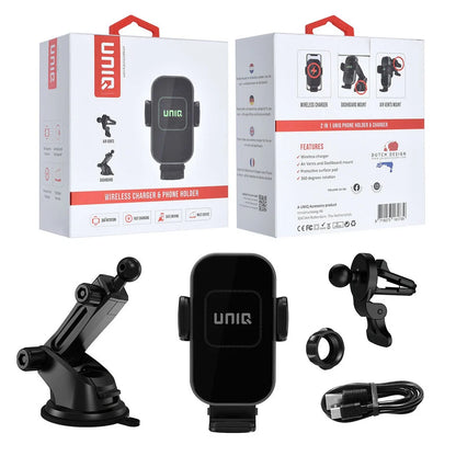 UNIQ Accessory 2 in 1 Car Phone Holder and Wireless Charger - Air Vent & Dashboard - Black