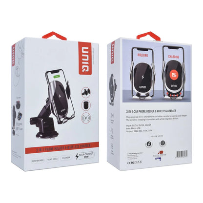 UNIQ Accessory 3-in-1 wireless Phone holder and charger for in the car - Black