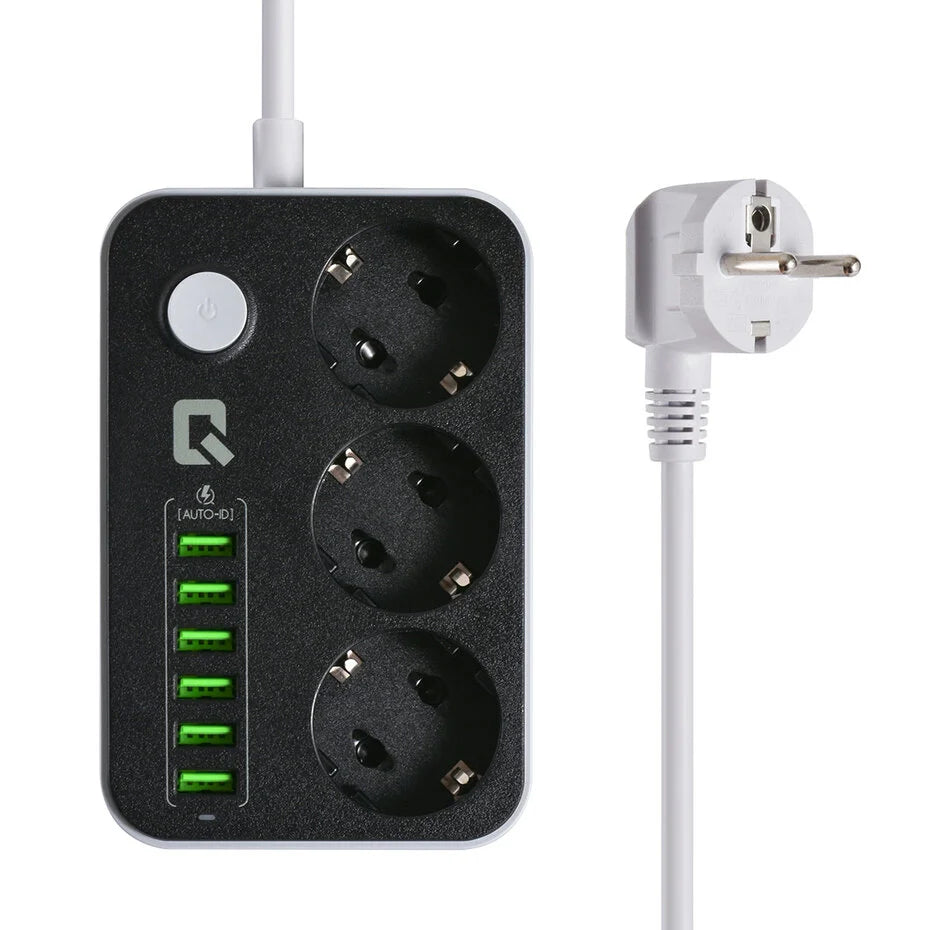 UNIQ Accessory 3.4 Anti-static socket box with 3 power sockets and 6 USB inputs - Black