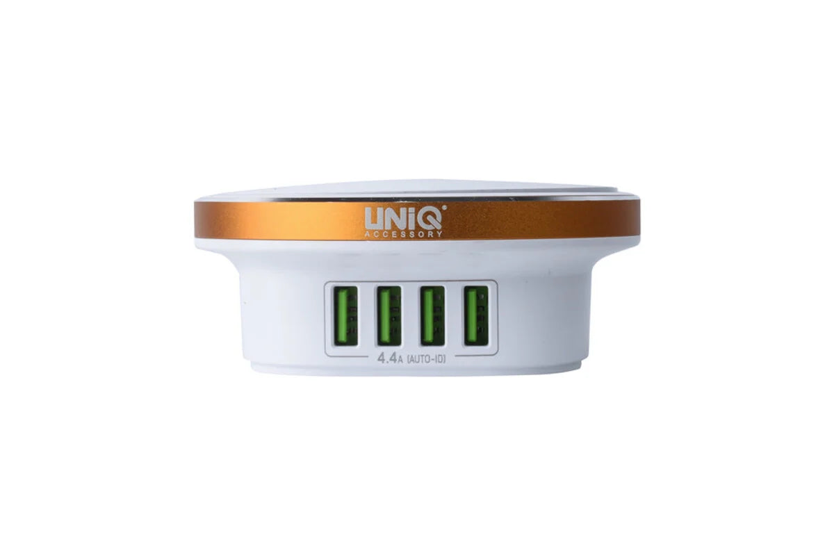 UNIQ-lisävaruste, jossa Led-painikelamppu, 4 USB-porttia, 4,4 A, pikalataus – valkoinen