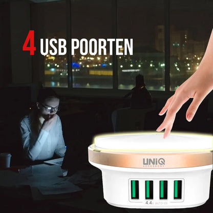 UNIQ-lisävaruste, jossa Led-painikelamppu, 4 USB-porttia, 4,4 A, pikalataus – valkoinen